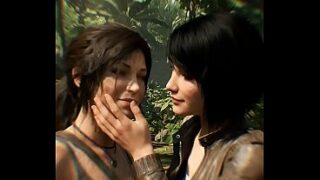 Lara Croft x Samantha Nishimura lesbisk (Tomb Raider / AI-genereret)